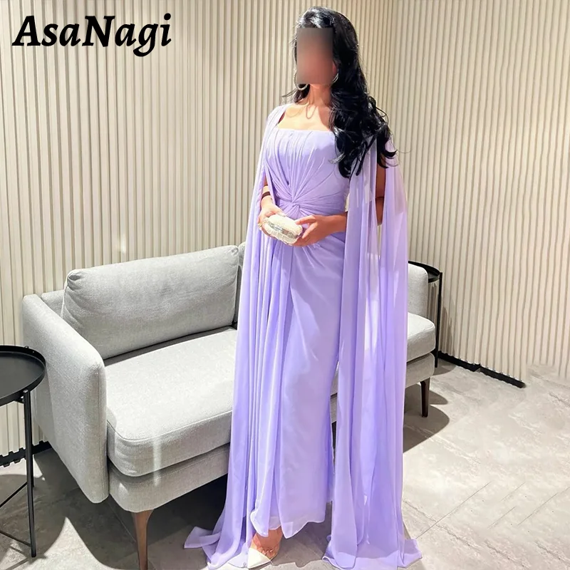 

AsaNagi Elegant Mermaid Prom Dress Women's Square Neck Lilac Party Evening Gown Chiffon Cape Ankle Length Special Occasion Gowns