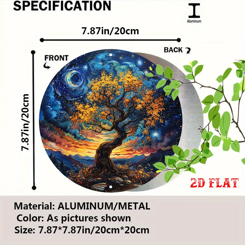 2D Flat - One-Piece 2D Flat Enchanted Tree Round Wall Decoration, Featuring Night Sky Art. This Celestial Round Decor Is Perfect
