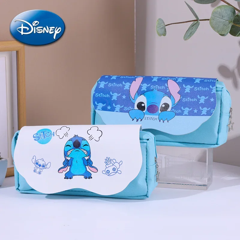 Disney Stitch Canvas Pencil Case Cute Cartoon Figures Zipper Double Layer Large Capacity Pen Bag School Stationery Student Gifts