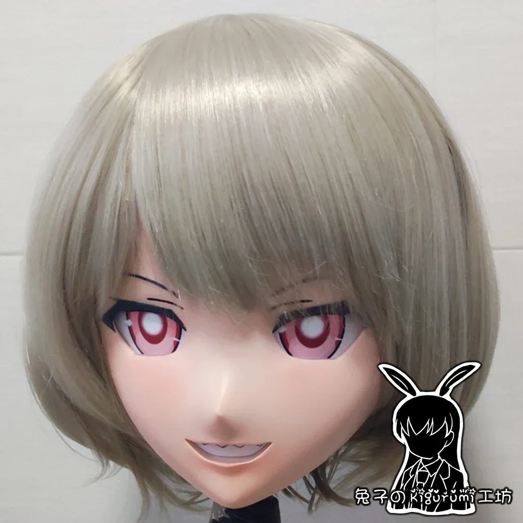 (B13) Handmade Custom Head Mask with Backshell Crossdressing Silicone Anime Kigurumi Cosplay Mask with Silver Hair Wig