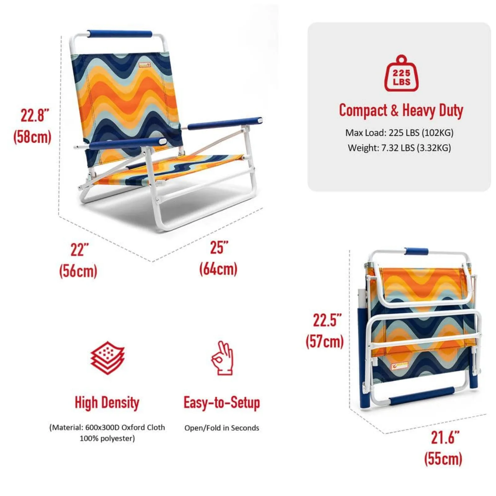 US Orange Wave Oxford and White Stainless steel Frame Portable Foldable Camping Chair with Handle for Lawn/Picnic/Beach