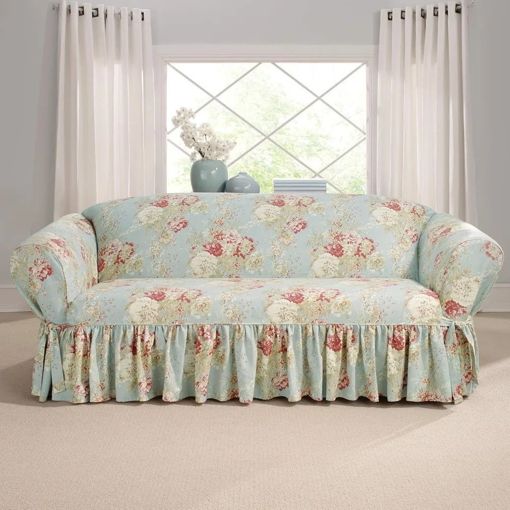 

Ballad Bouquet Ruffled Sofa Slipcover, Sofa Cover with Cotton Floral One Piece Design and Ruffled Skirt