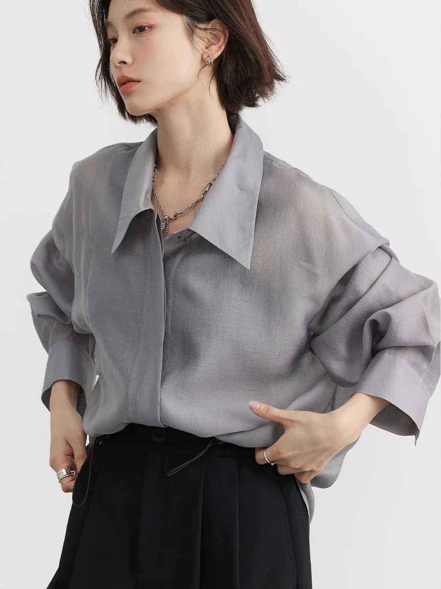 CHIC VEN Women Thin Shirt Long Sleeve Casual Loose Slightly Transparent Cool Blouses Woman Solid Design Female Top Summer 2024