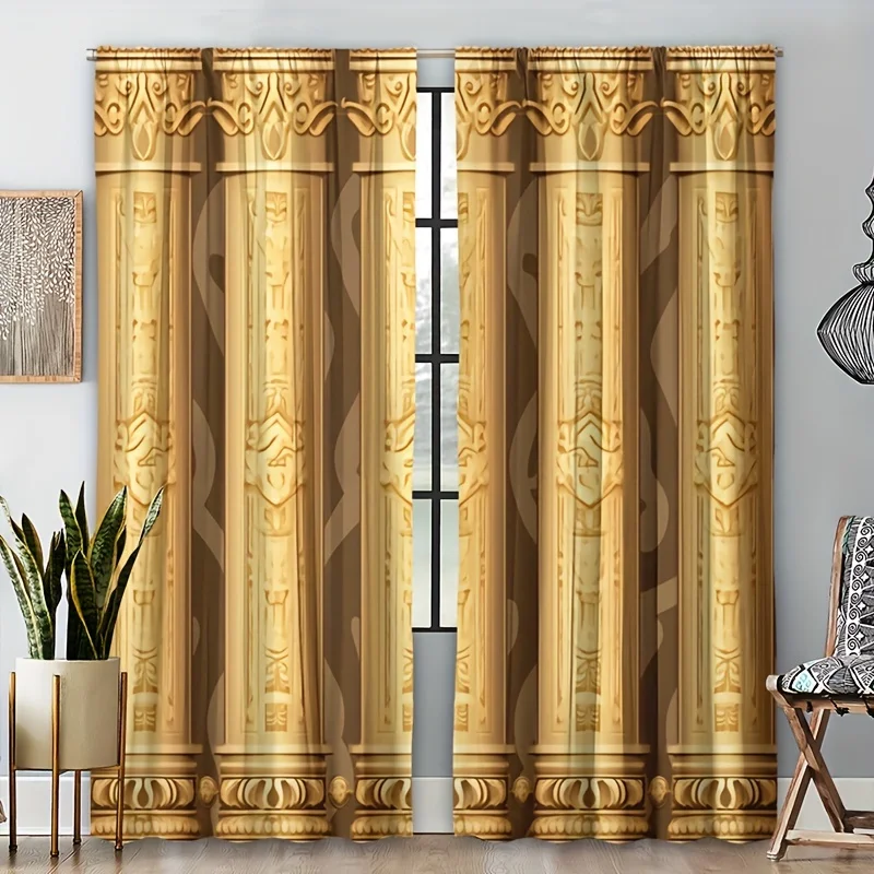 2pcs European Golden Retro Elements Curtain Decorative Window Drape Window Treatments For Bedroom Living Room Home Decor