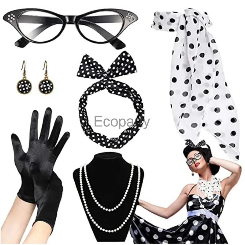 1950's Kostuum Accessoires Voor Vrouwen Retro Polka Dot Hoofdband Ketting Chiffon Sjaal Bril Oorbellen Set Meisjes Feest Outfits