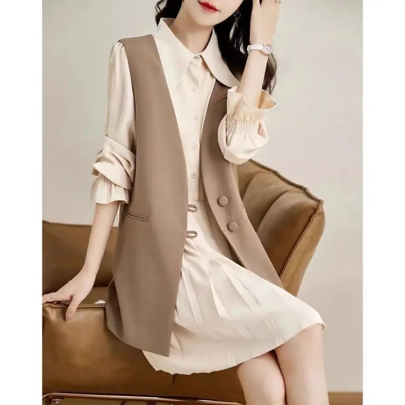 

Women Spring Autumn Graceful Two Piece Dress Set Korean Office Lady Solid Mini Dress Suit Vest Outfits Elegant Workwear Female