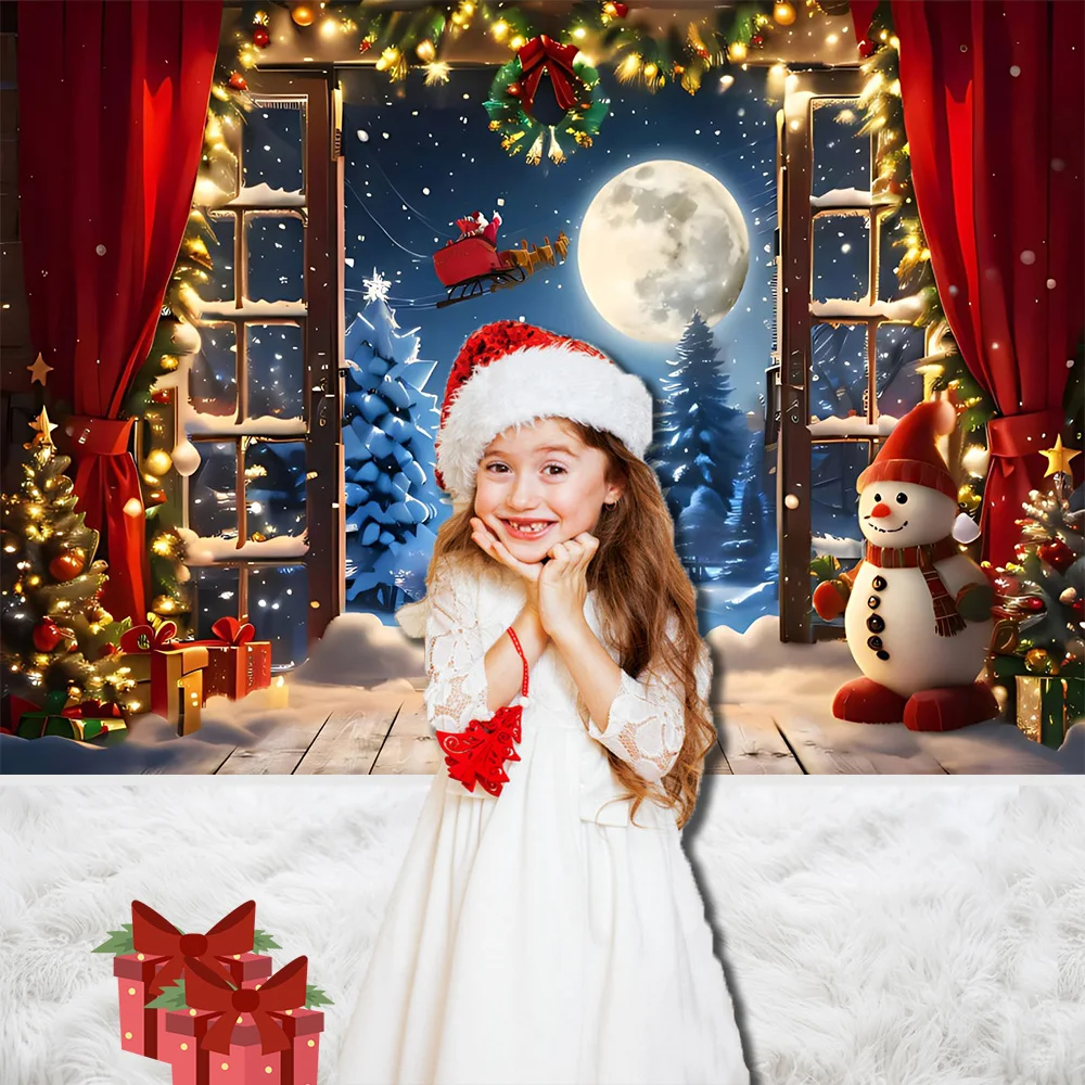 Merry Christmas Photography Background Santa Fireplace Winter Snow Christmas Tree Curtains Moon Xmas Eve NewYear Decoration Prop