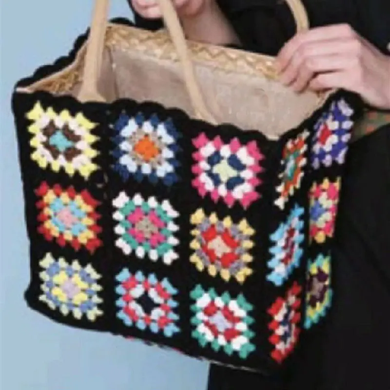 Handwoven women's handbags, shoulder bags, grandmother's plaid table splicing shopping bags, fashionable and generous