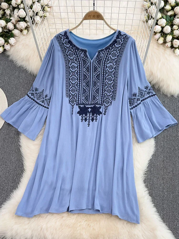 Summer Temperament Loose Ethnic Style Embroidered Dress Cotton Linen Holiday Vintge Dresses Women D1445