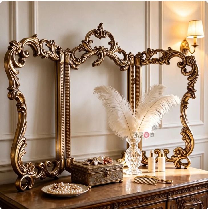 French retro makeup mirror European carved three-fold vanity mirror desktop folding delivery no mirror only frame