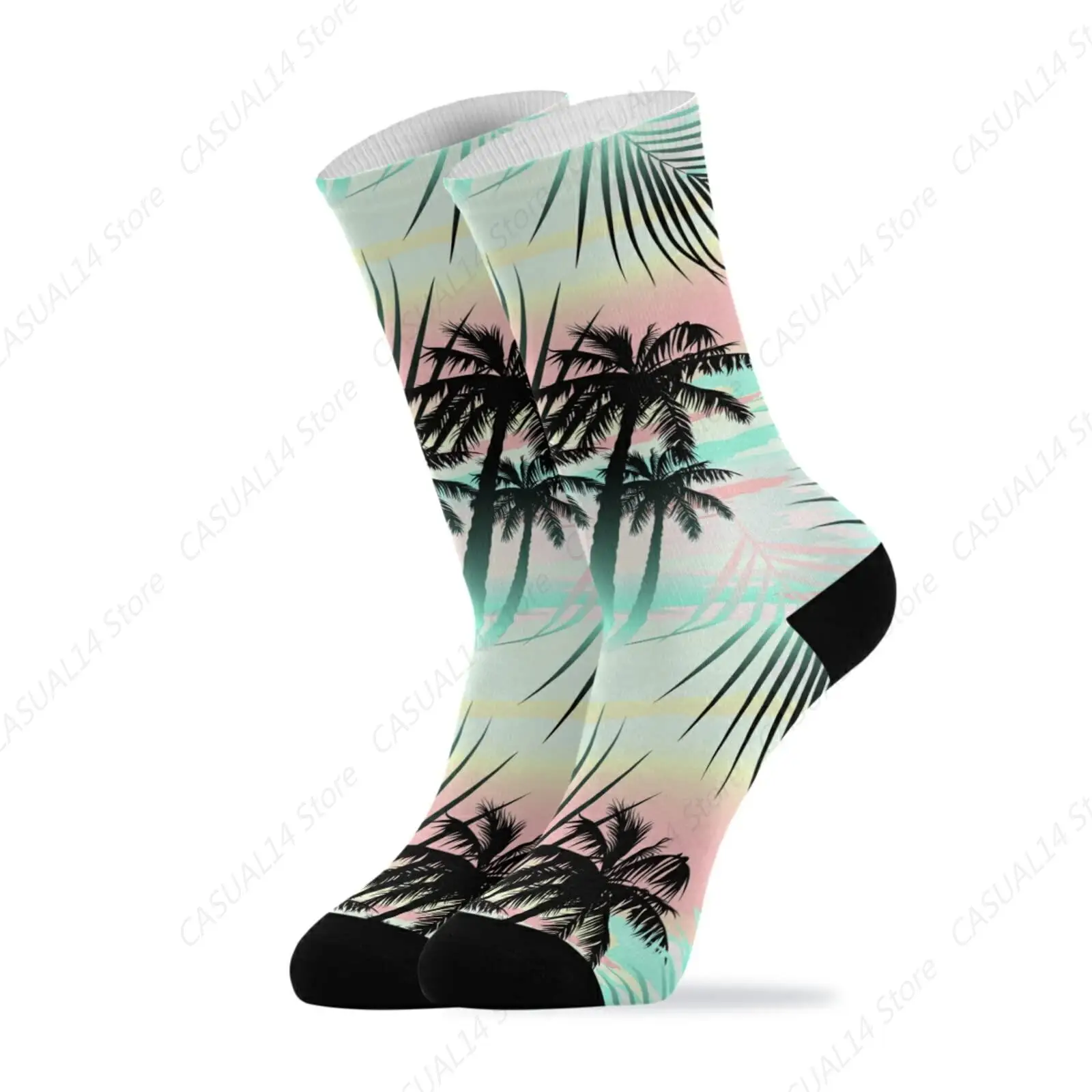 Calcetines largos informales unisex con diseño de hojas de palmera de verano tropical negro en color rosa turquesa, calcetines deportivos para mujeres y hombres