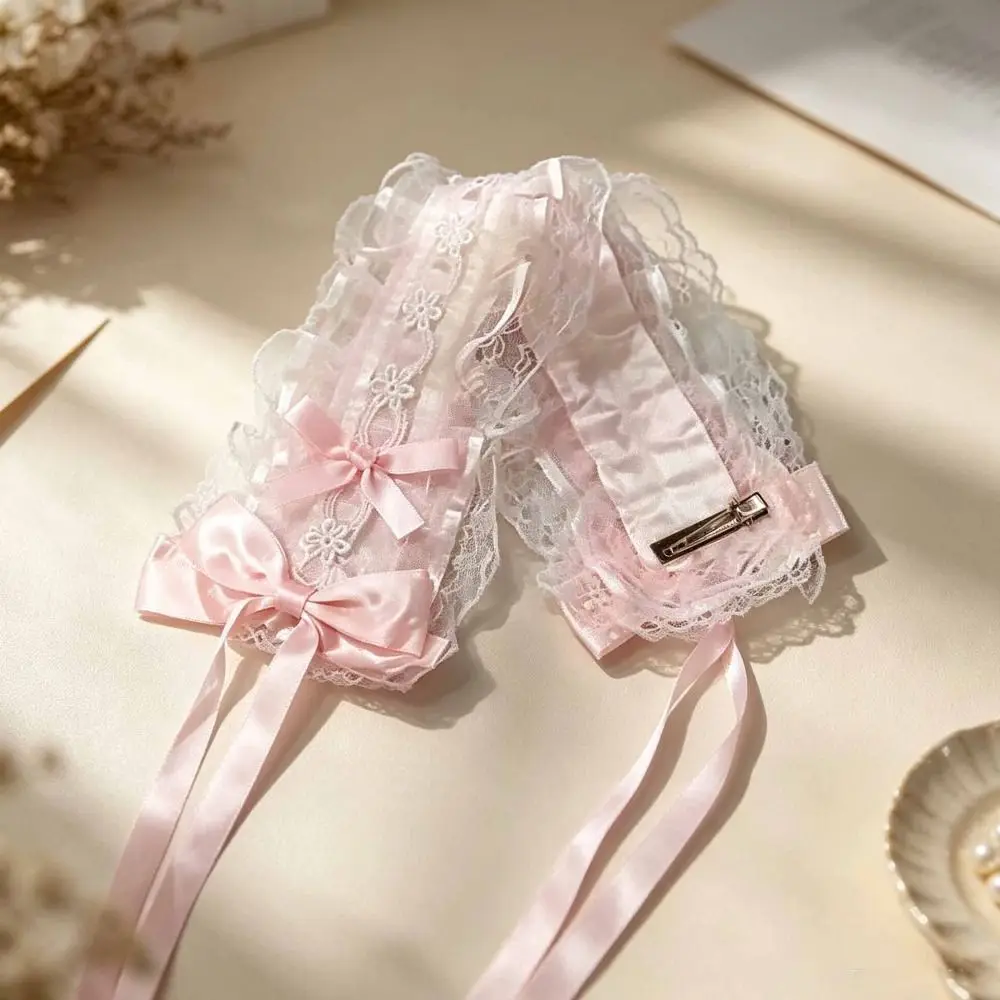 Cute Polka Dot Lace Headband Ruffled Trim Floral Lace Bow Headband Clip Fastening Ribbon Bows Princess Headdress Women
