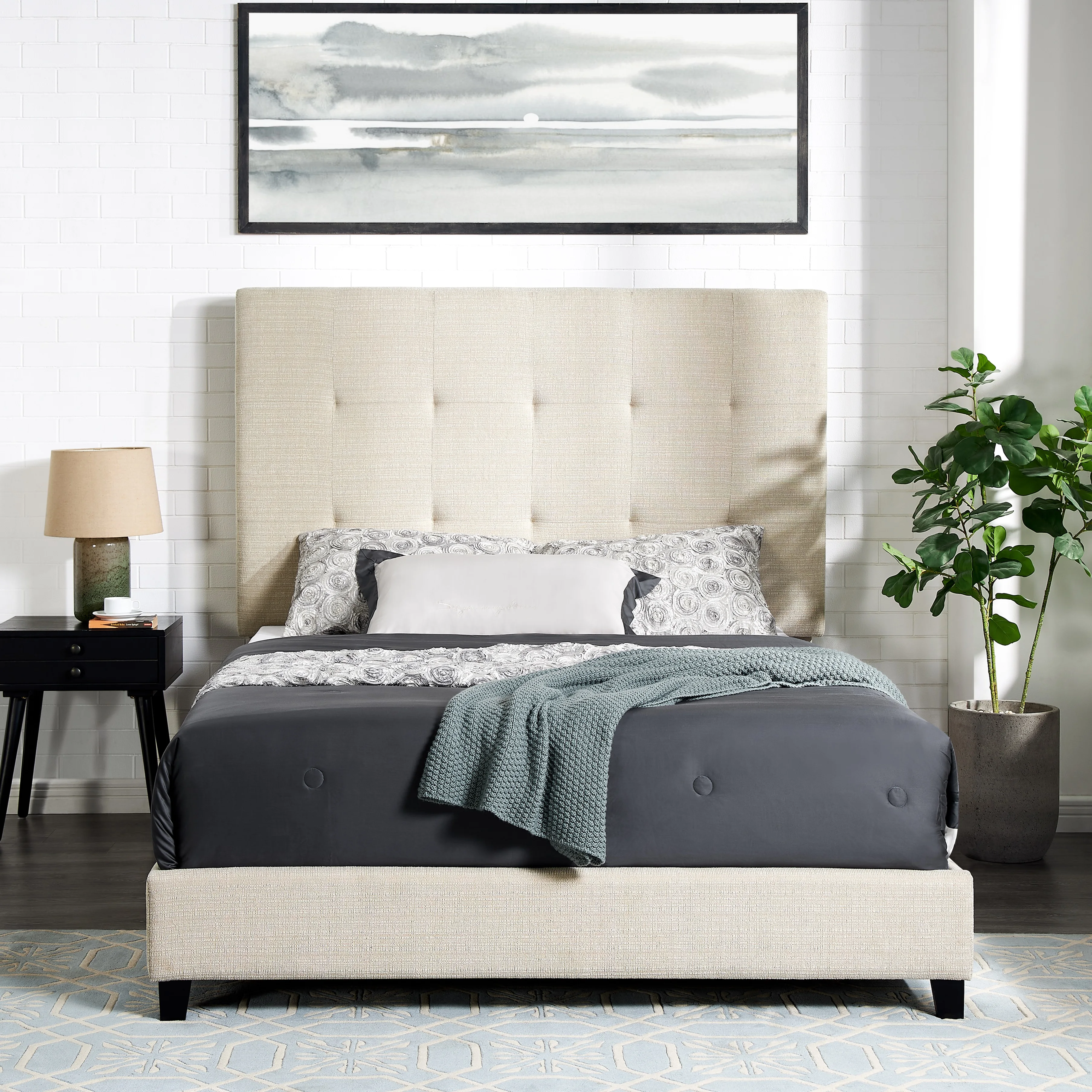 [Flash Sale]Bridgevine Home Queen Size Tufted Upholstered Platform Bed Beige/Green[US-Stock]