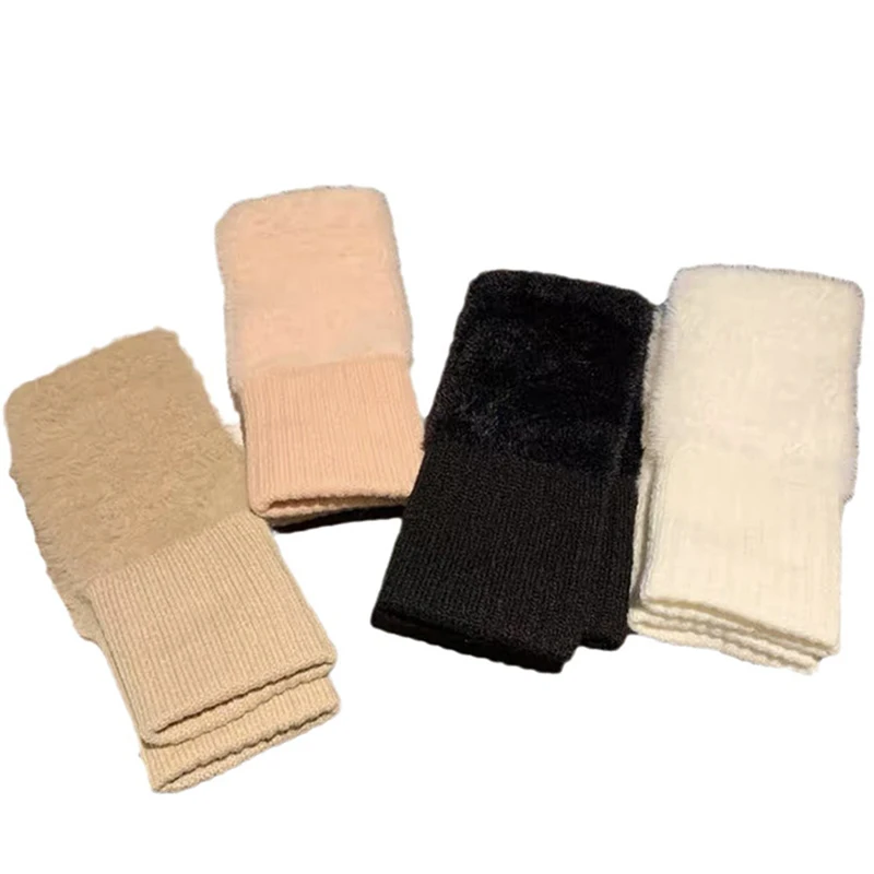 Ammug Winter Half Finger Gloves Plush Thickened Solid Color Japanese Sweet And Versatile Dew Finger Touchable Wrist Guard