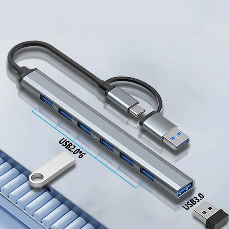 نوع C USB3.0 HUB 7 منافذ كابل يو اس بي الفاصل للكمبيوتر اللوحي لوحة المفاتيح الماوس USB القرص موصل غلاف من الألومنيوم USB تمديد محول