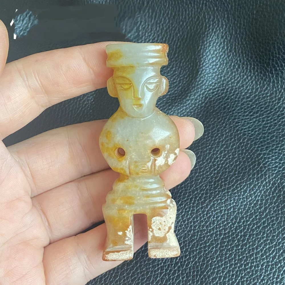 Patina Old Jade Human Figurine Pendant Warring States Han Dynasty Style Carved Old Jade Amulet Chinese Art Collectible