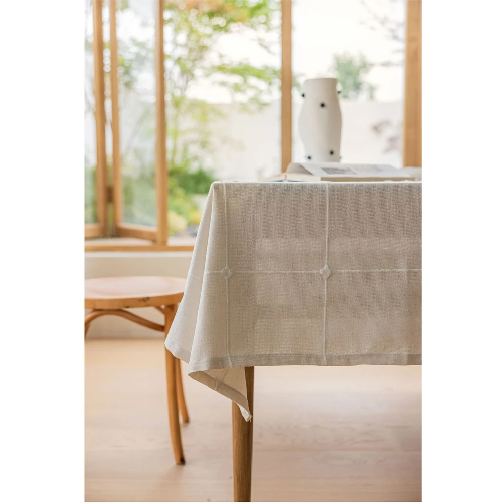 White Large Rectangle Embroidery Solid Tablecloth Cotton Linen Blend Dust-Proof Table Cover for Kitchen Dinning Tabletop Decor