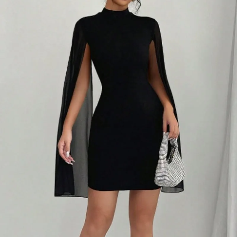 Kleider für Frauen Neue Langarm Stehkragen Frauen Kleid Schwarz Schlank Paket Hüfte Kleid Frauen Vestidos De Verano Mujer 2025, Q883