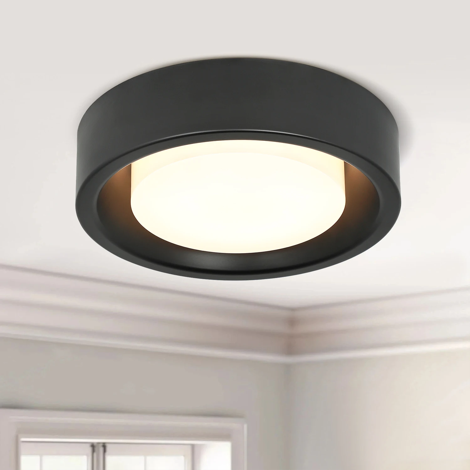 

Depuley 18W Modern Flush Mount LED Ceiling Light Fixtures in Black Finish Dimmable Drum Round Ceiling Light for Living Room