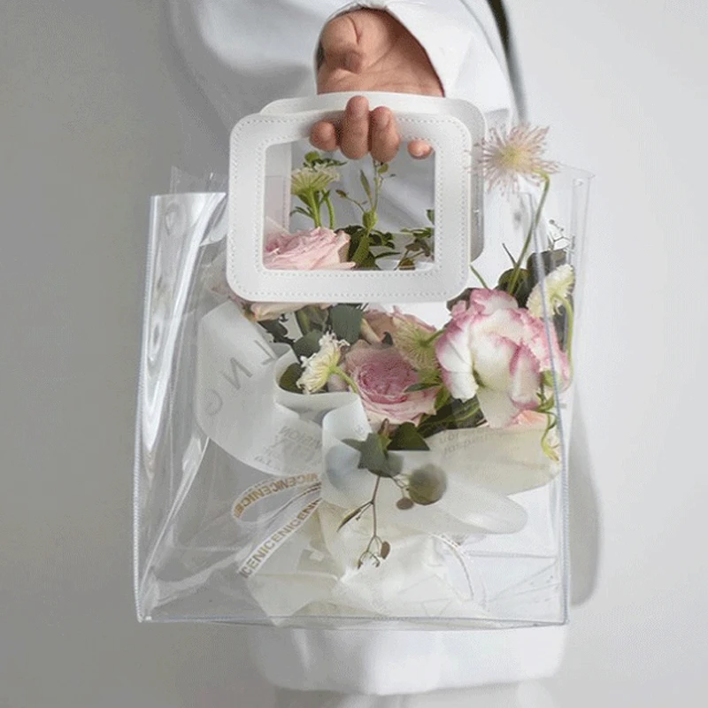 

10Pcs Transparent Gift Tote Bag with Handle Fashion Wedding Candy Bouquet Pakcaging Bags Clear Toy Bag Christmas Party Decor