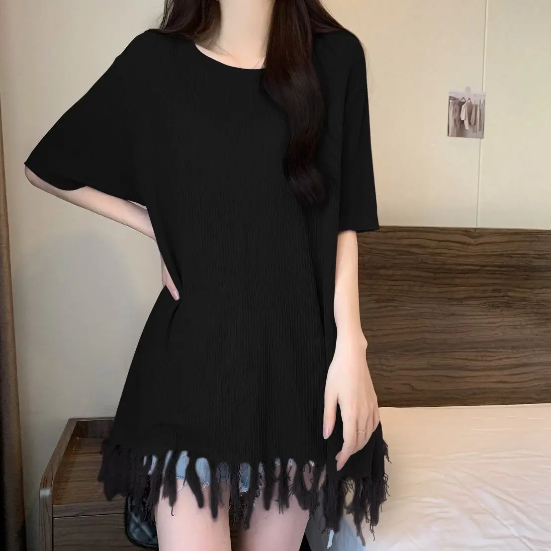 Oversized 2023New Summer Casual Lacing Solid Color O-neck Short Sleeve T-Shirt Ladies Simplicity Tassel Loose Tops Women Clothes