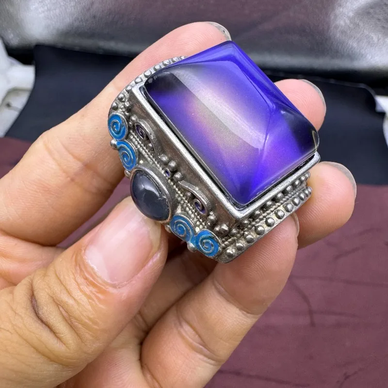 Tibetan Silver Tone Adjustable Men Ring, Inlaid Natural Mood Color Changing Stone Ethnic Retro Vintage Finger Jewelry
