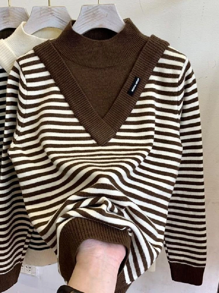 

Autumn Winter High Ne Stripe Sweater Women's Overhead Slim Fit Knitted Soft Base irt Top Trendy Color Commute Sle
