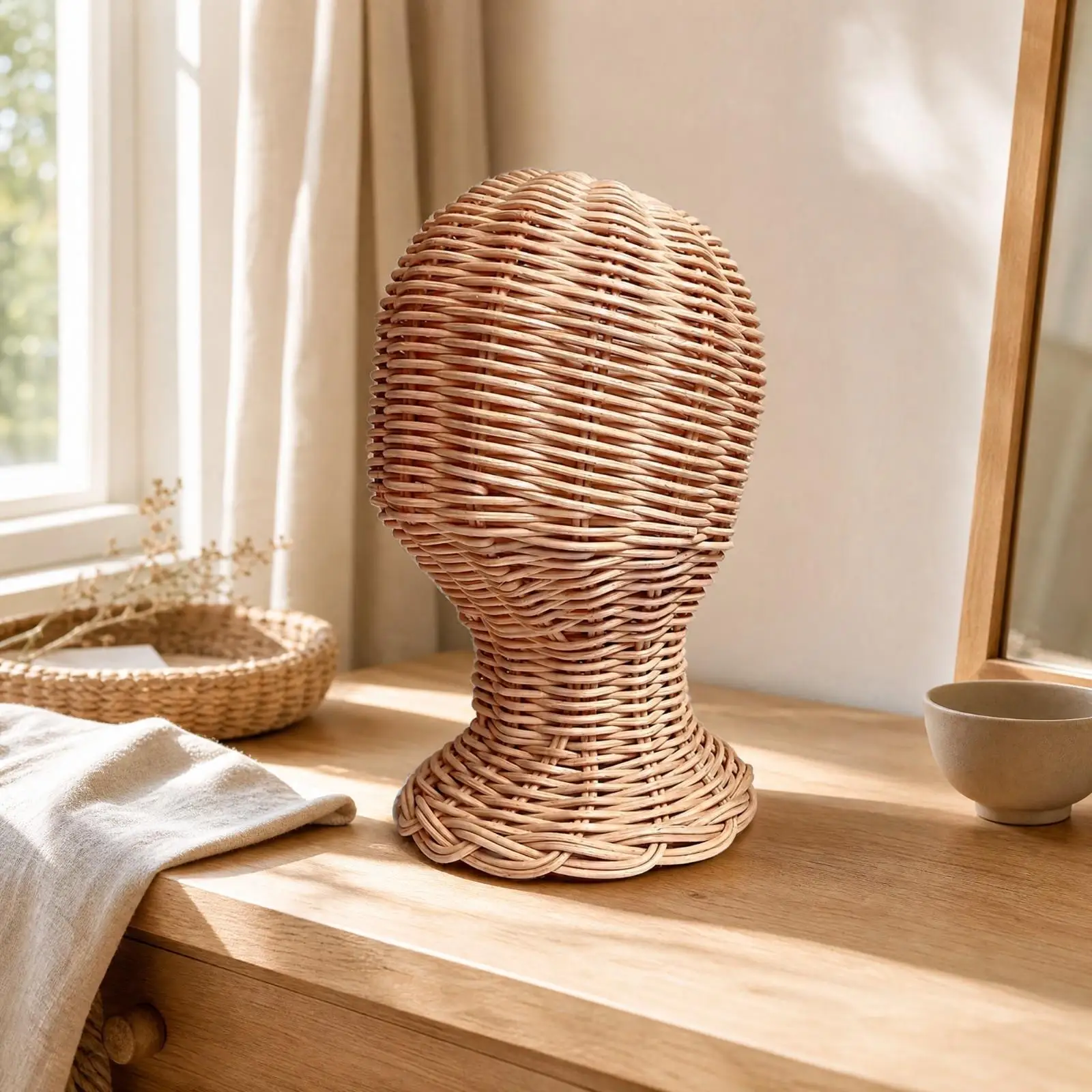 Wicker Hat and Hairpiece Stand Rustic Handmade Rattan Head Stand Woven Head Form with Base Natural for Retail Counters