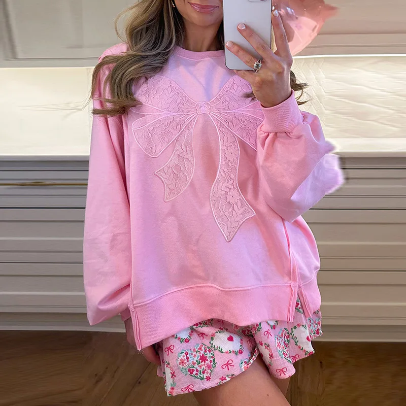 

New Autumn 2025 Pullover Round Neck Loose Hoodie for Women with Sweet and Stylish Style, Big Bow, Long Sleeved Top for Women