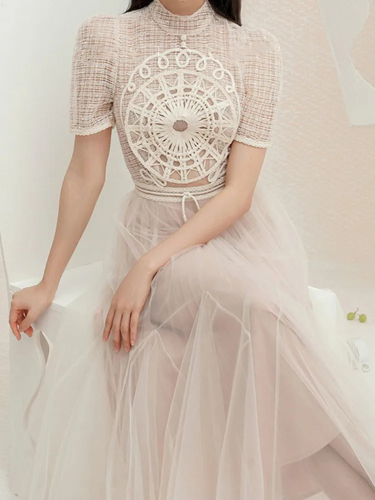 runway embroidery women dress SMTHMA New Fashion Runway Summer Midi Dress For Women Short Sleeve Gorgeous  Mesh Embroidery Elegant Party Dresses Vestidos