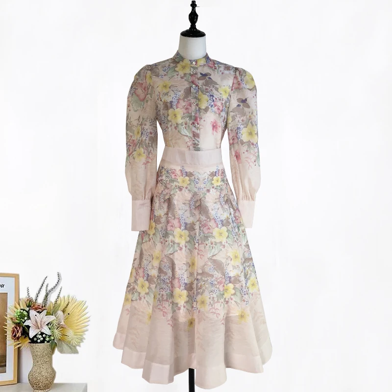 

Ele Faion Print Long Sve воротник-стойка и юбка с высокой талией, комплект женской одежды, полиэфирная ткань, застежка на пуговицы