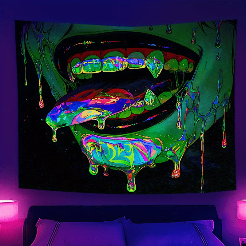 

VIKAMA Blacklight Reactive Dripping Mouth Tapestry Trippy Psychedelic Wall Hanging for Bedroom Dorm Party Decor