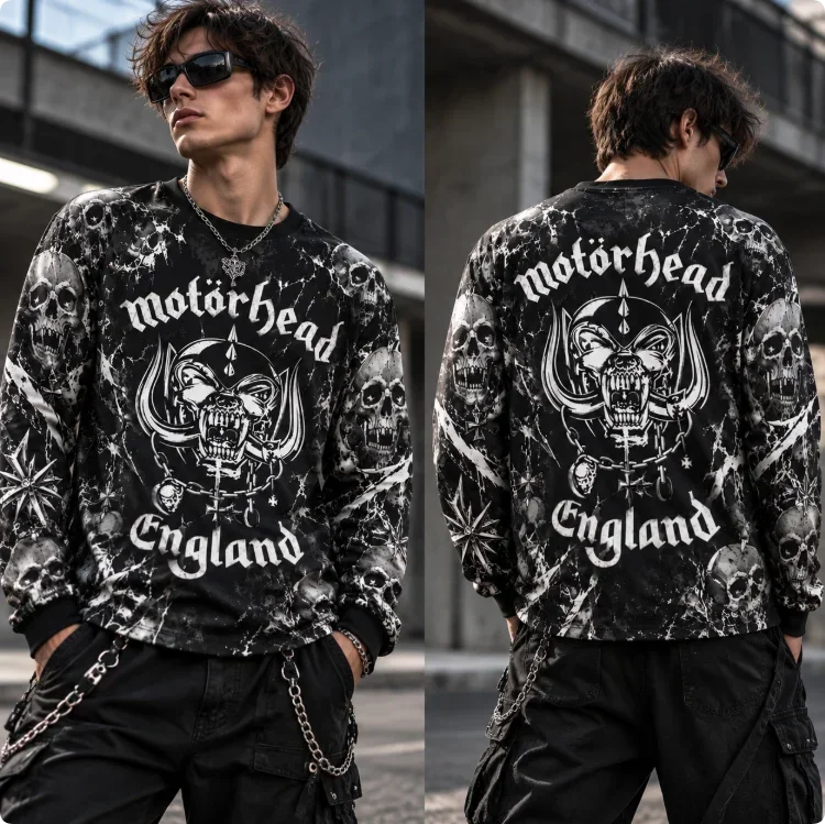 2026 New Motorhead Warpig England All Over Print Long Sleeve T-shirt Black Marble Skull Pattern Heavy Metal Rock Crewneck Tee