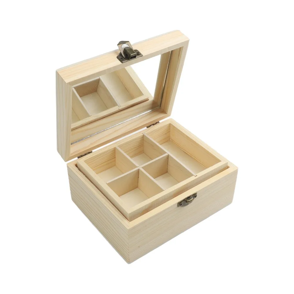 Compact Pine Wood Jewelry Box with Built-in Mirror for Organizing Rings Necklaces and Makeup Essentials Modern Simple Aesthetic