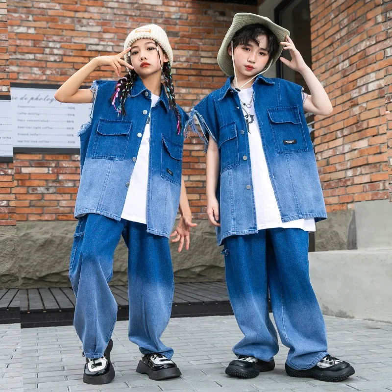 

Kids Kpop Hip Hop Clothing Gradually Color Denim Vest Top Streetwear long Pants for Girls Boys Jazz Dance Costume Clothes