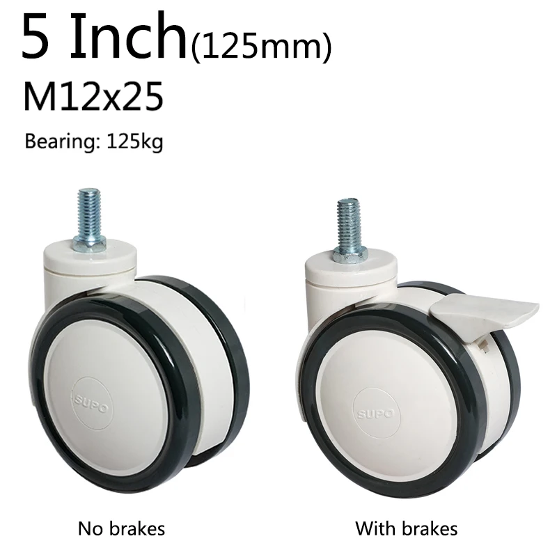 

5Inch 125mm Double Wheels M12x25 Bearing 125KG Mute Medical Casters Furniture Wheels Swivel Castor With Brake Universal wheel