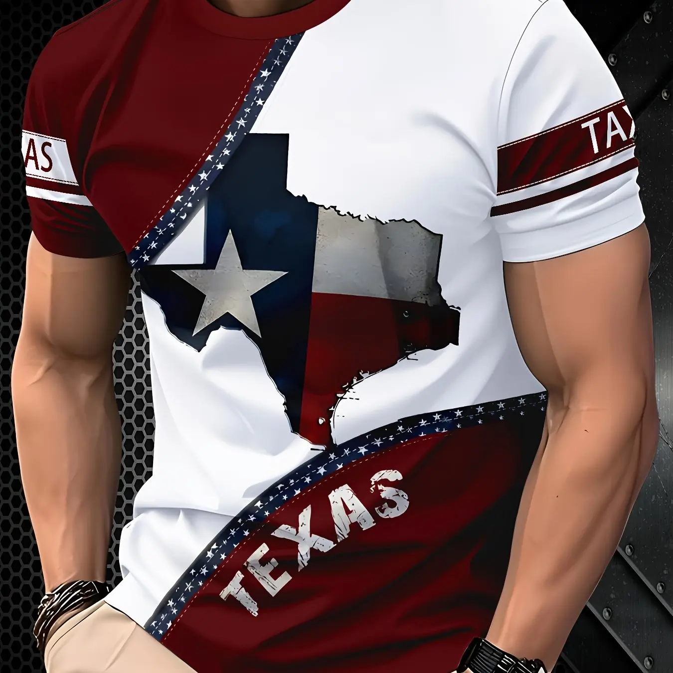 

1pc Men'S Casual Novelty T-Shirt Texas Flag Print Crew Neck Polyester Knit Fabric with Slight Stretch Regular Fit Male Top ﻿