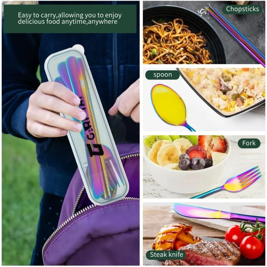 مجموعة أدوات السفر المحمولة مع علبة. مجموعة أدوات فضية للسفر من الفولاذ المقاوم للصدأ. أواني التخييم الفضية القابلة لإعادة الاستخدام. إيلود