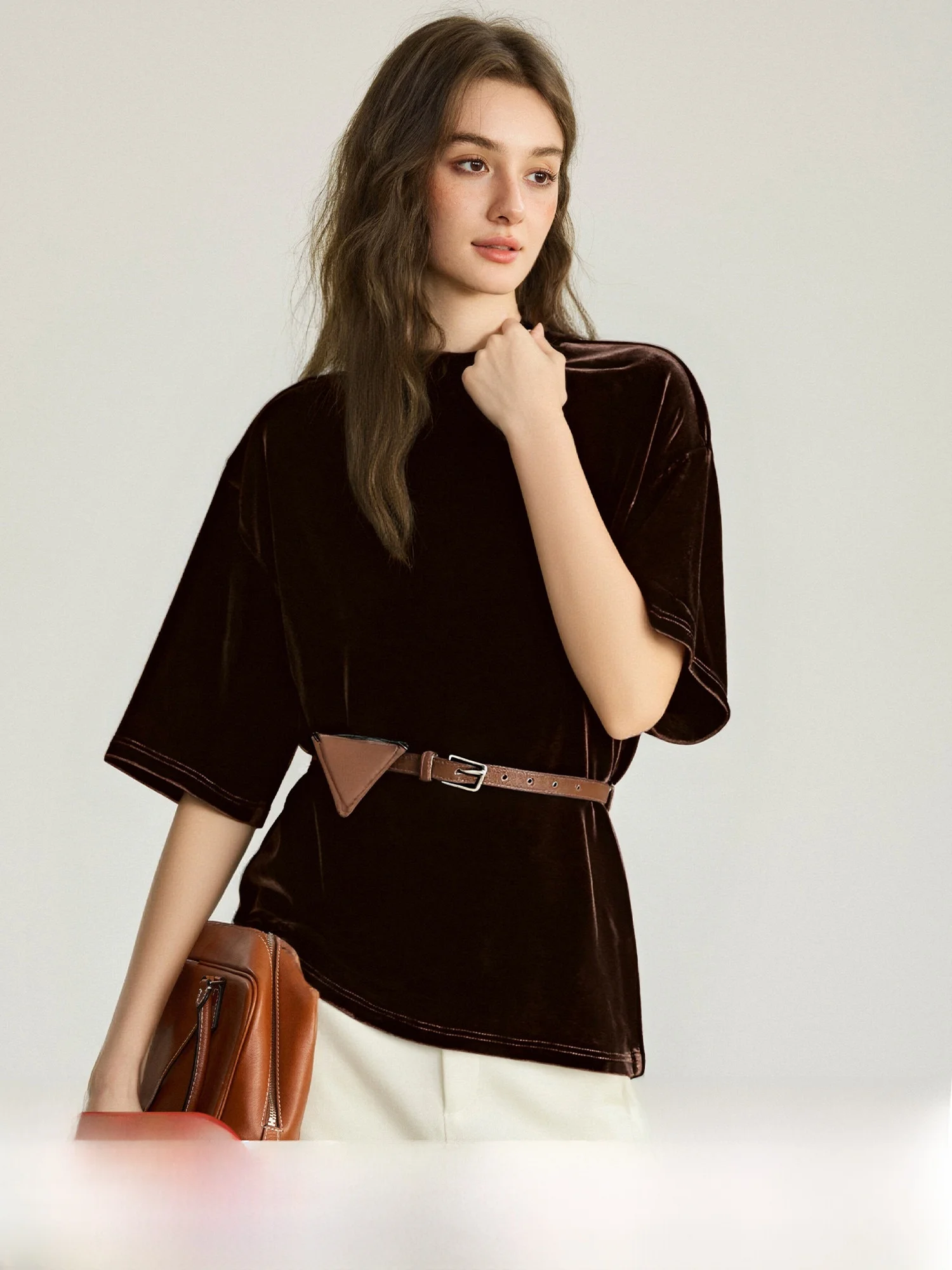 

Velvet irt Hebe Diary Glossy Velvet Mid-Sve Semi-High Collar Belted Waist Versatile Busin Casual Polyester Fiber