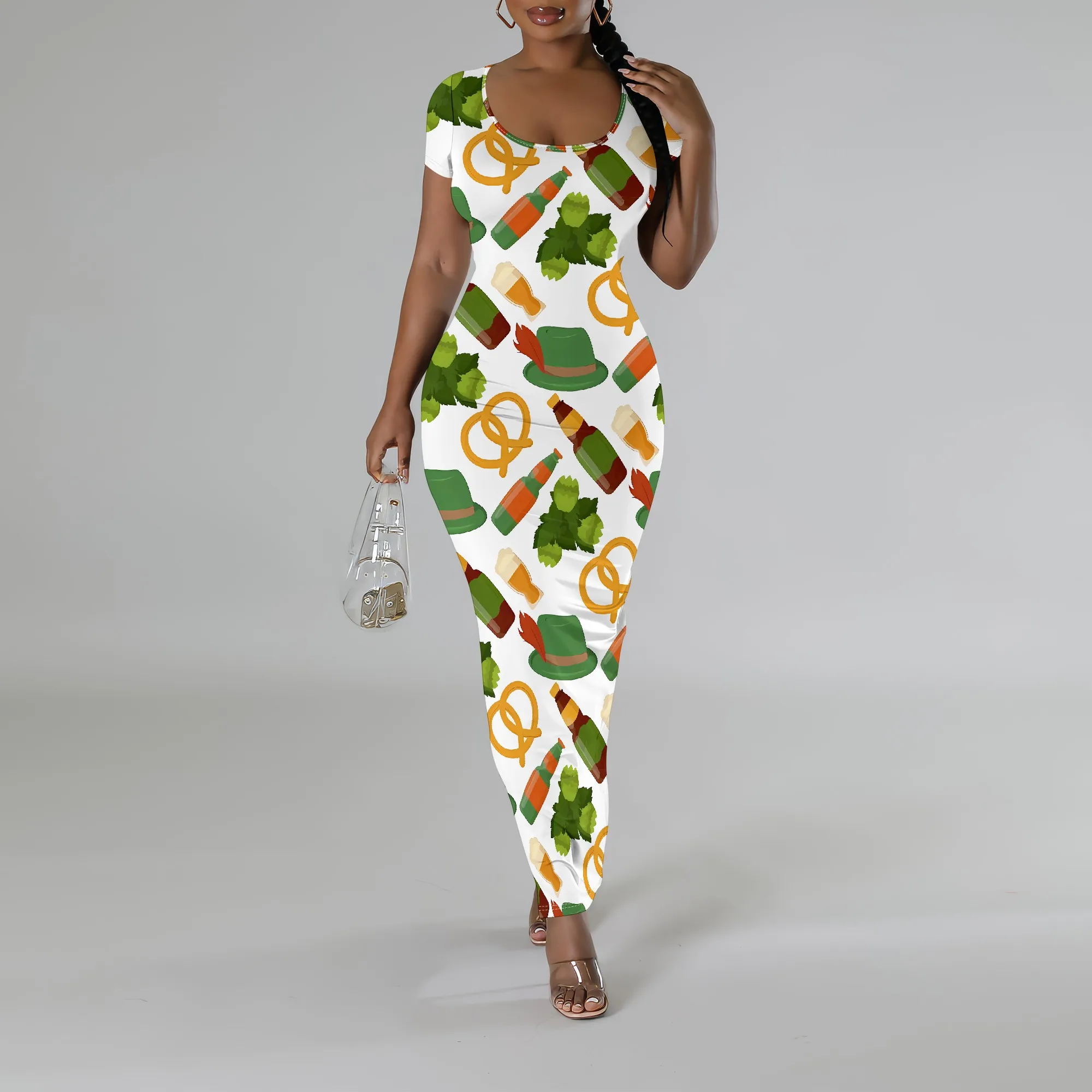 

Oktoberfest Print Bodycon Dress for Women Scoop Neck Short Sleeve Slim Fit Beer Festival Outfit
