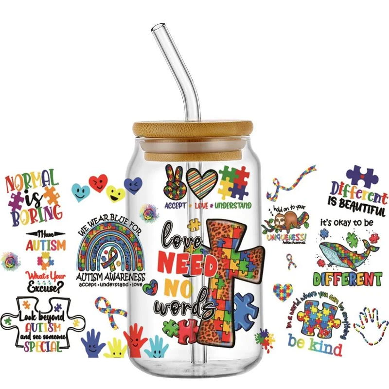 Autism Acceptance UV DTF Cup Wrap, Puzzle Piece Awareness Ribbon Leopard Print Transfer Sticker for 16oz Libbey Glass Can