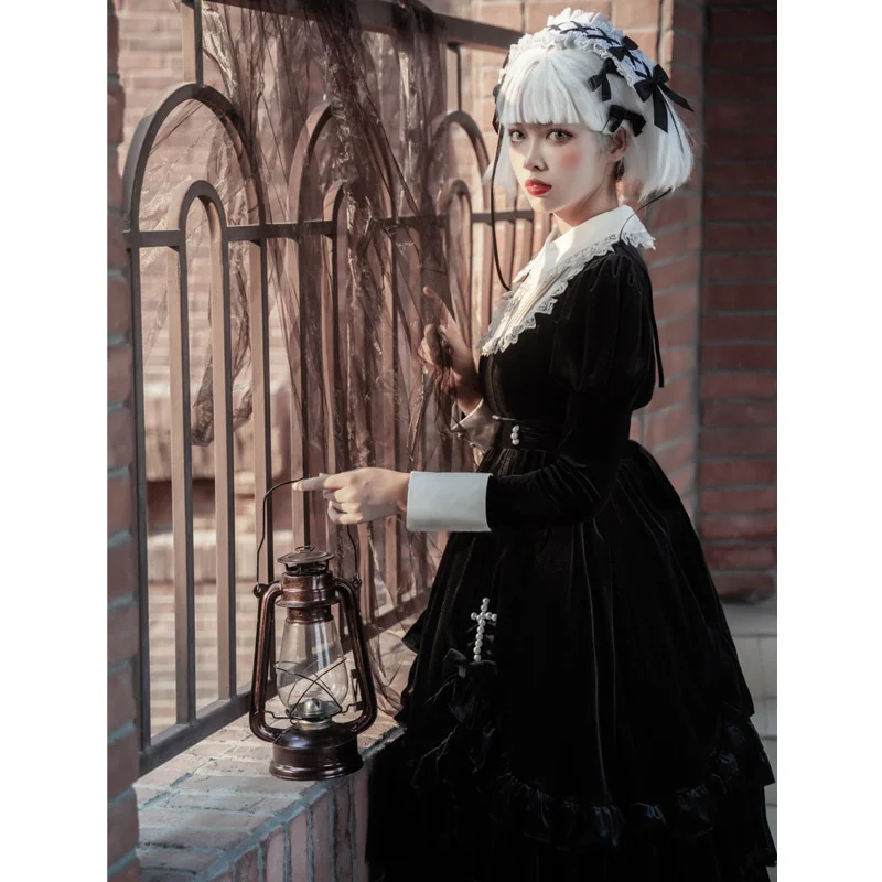 Gothic Lolita Dress Girl OP Lace Women Cross Pattern ricamo Cosplay Party manica lunga Nun Sister Punk Prom Summer Black