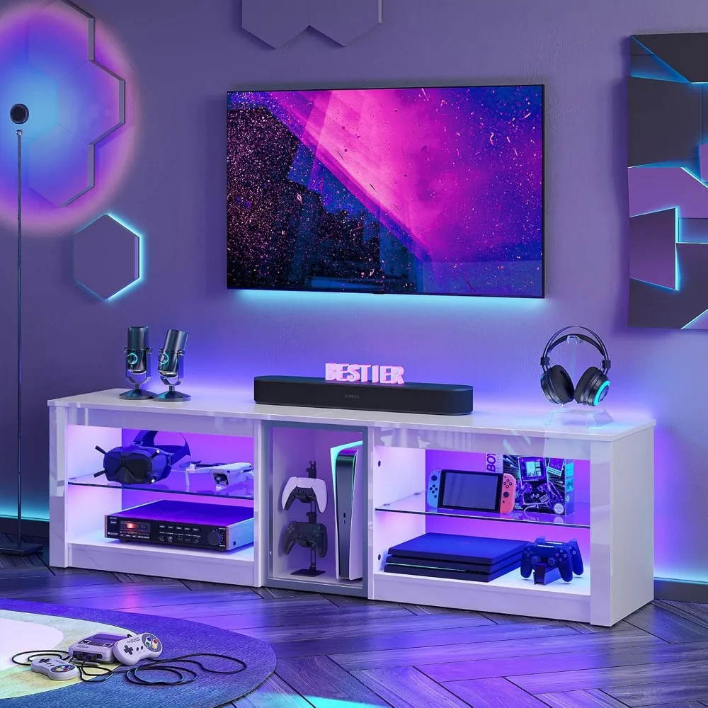 

High Gloss TV Stand for 70 inch TV, Gaming Entertainment Center for PS5, LED TV Cabinet with Glass Shelves for Living Room, 63'