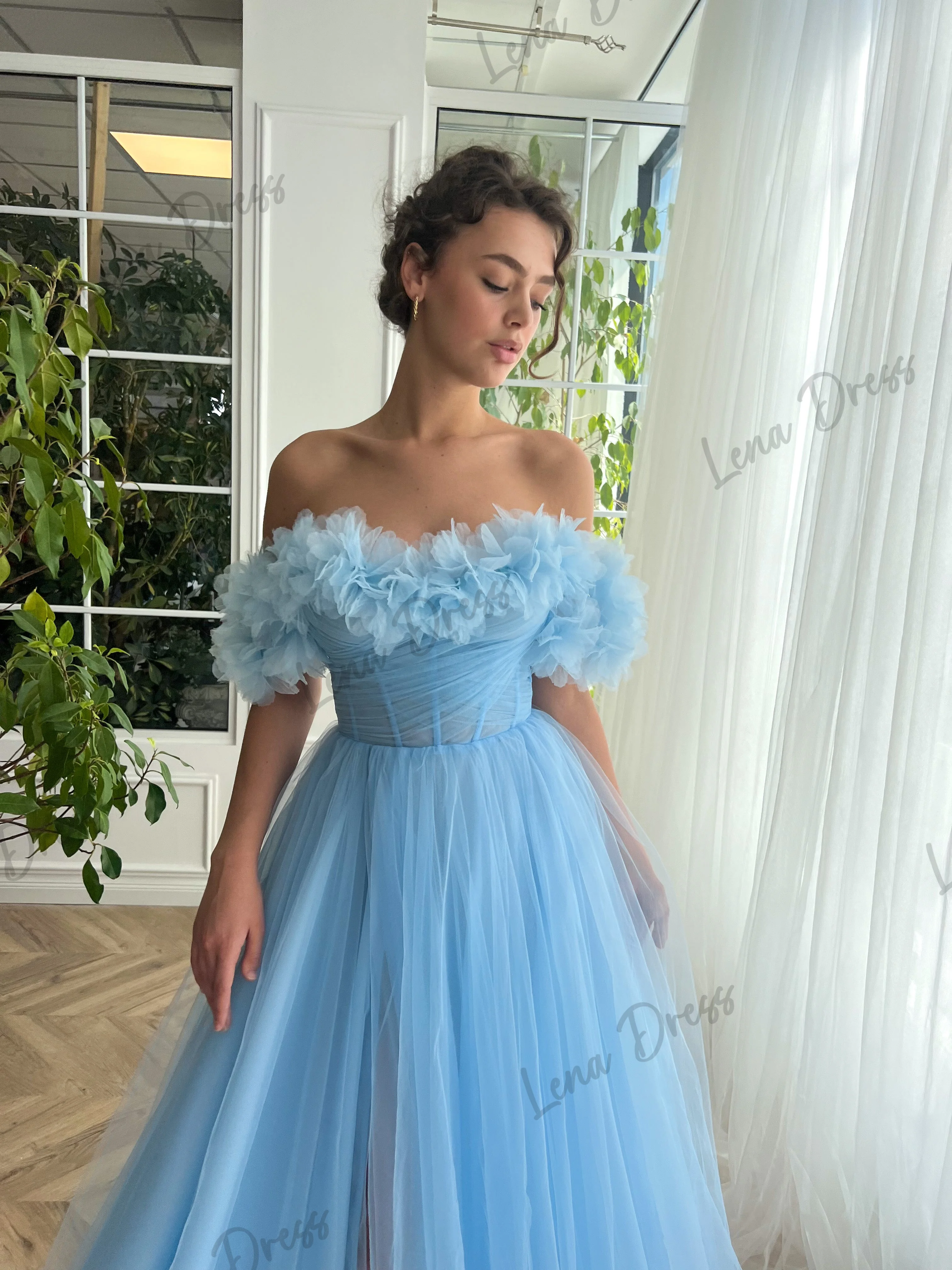 Lena Ball Gowns Gauze Party Dress for Wedding Guest Dress Women A Line Long Skirt Sky Blue Off the Shoulders Side Slit Dresses