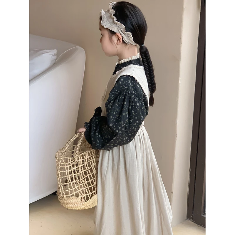 1-10 Yrs Floral Girls Shirt Spring Fall Cotton Breathable Kids Blouse Vintage Linen Cotton Lace Vest Dress Children Outfits Xmas