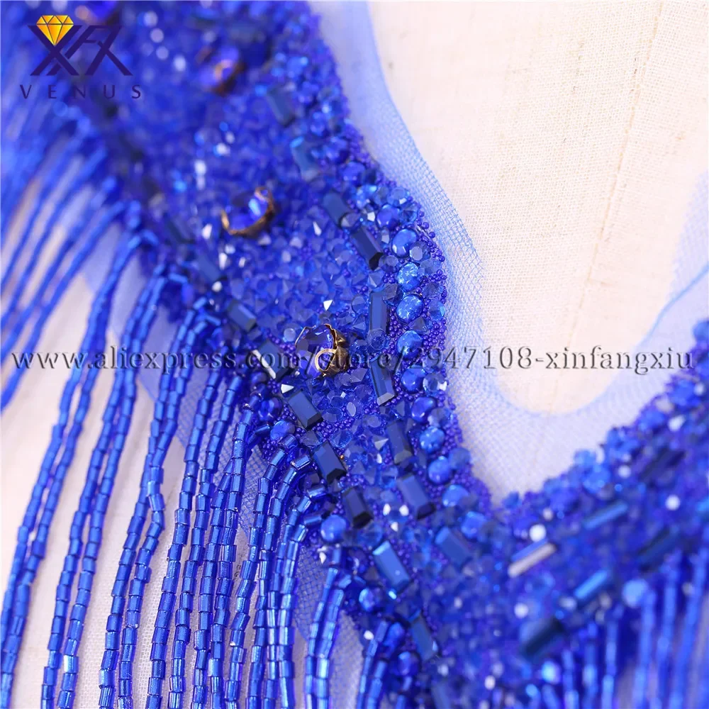 XFX VENUS Wholesale New Blue Wedding Embroidered Crystal Beaded Tassels Style V Neck with Fashion Blue Color Beaded Appliques