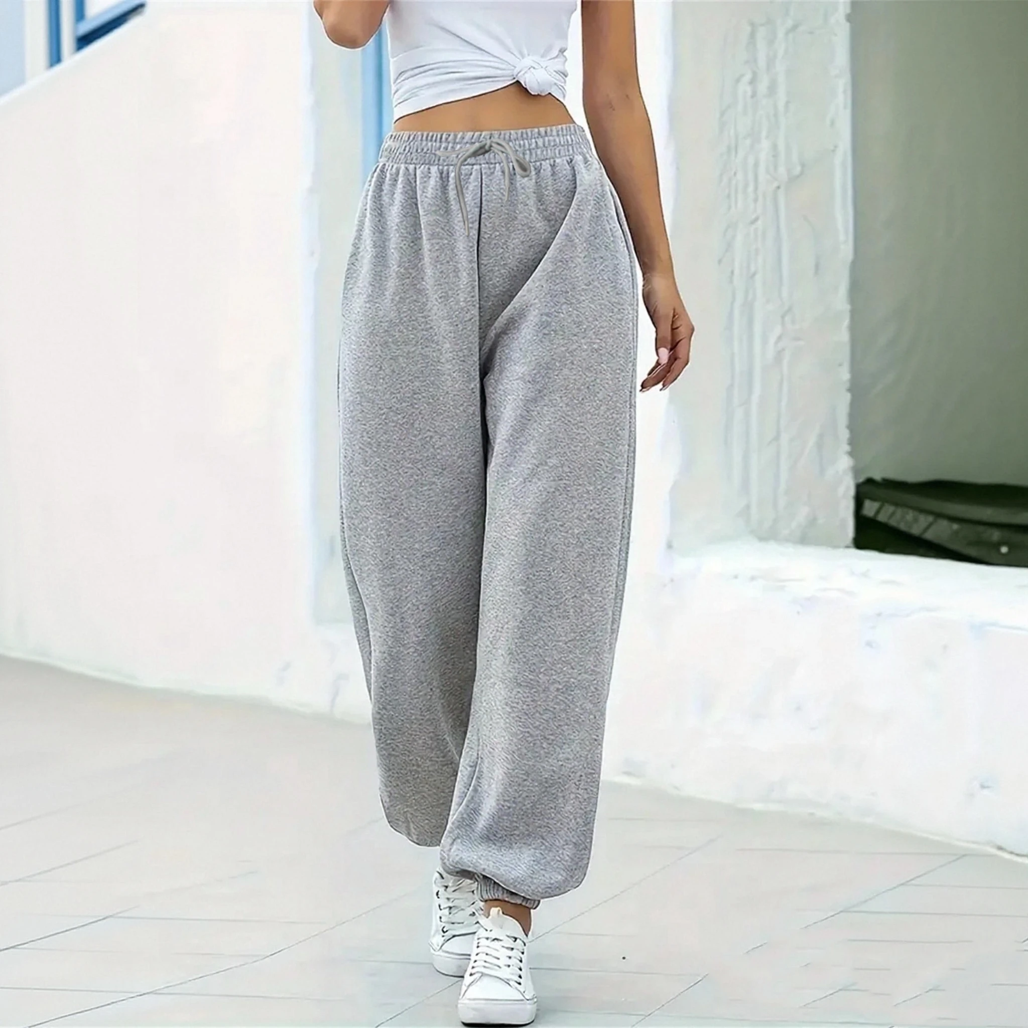 Pantalón holgado informal para correr para mujer, Pantalón recto básico Retro elástico de cintura alta, Pantalón deportivo para baile, primavera y verano, 2025