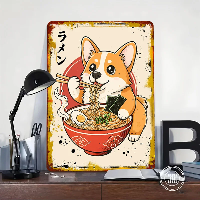 Corgi Eating Ramen Cartoon Metal Poster Customized Wall Art Retro Vintage Tinplate Signs for Setup Decorations Home Decor Items