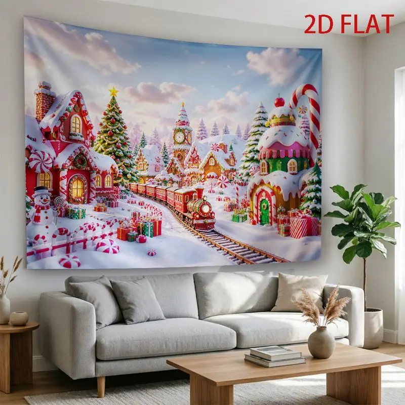 VIKAMA Christmas Candy Village Tapestry Snow Train Winter Xmas Wall Hanging Holiday Party Backdrop for Party Bedroom Decor