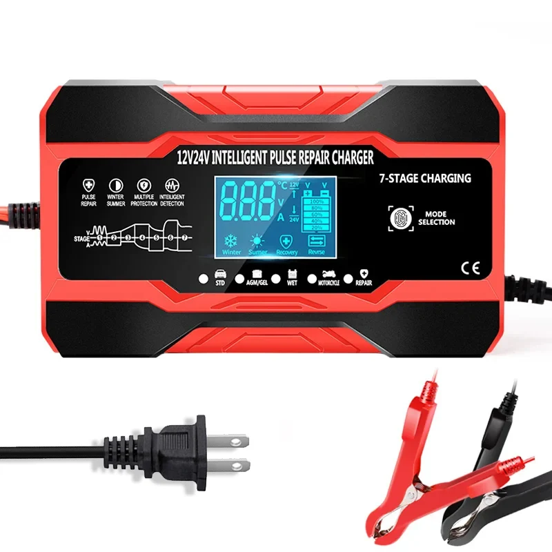 12v-24v carregador de bateria de carro totalmente automático 12v 10a carregador de bateria de carro digital reparação de pulso para agm gel molhado chumbo ácido